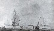 Monamy, Peter, A two-decker man-o-war,stern quarter view,and a yacht in a quiet estuary